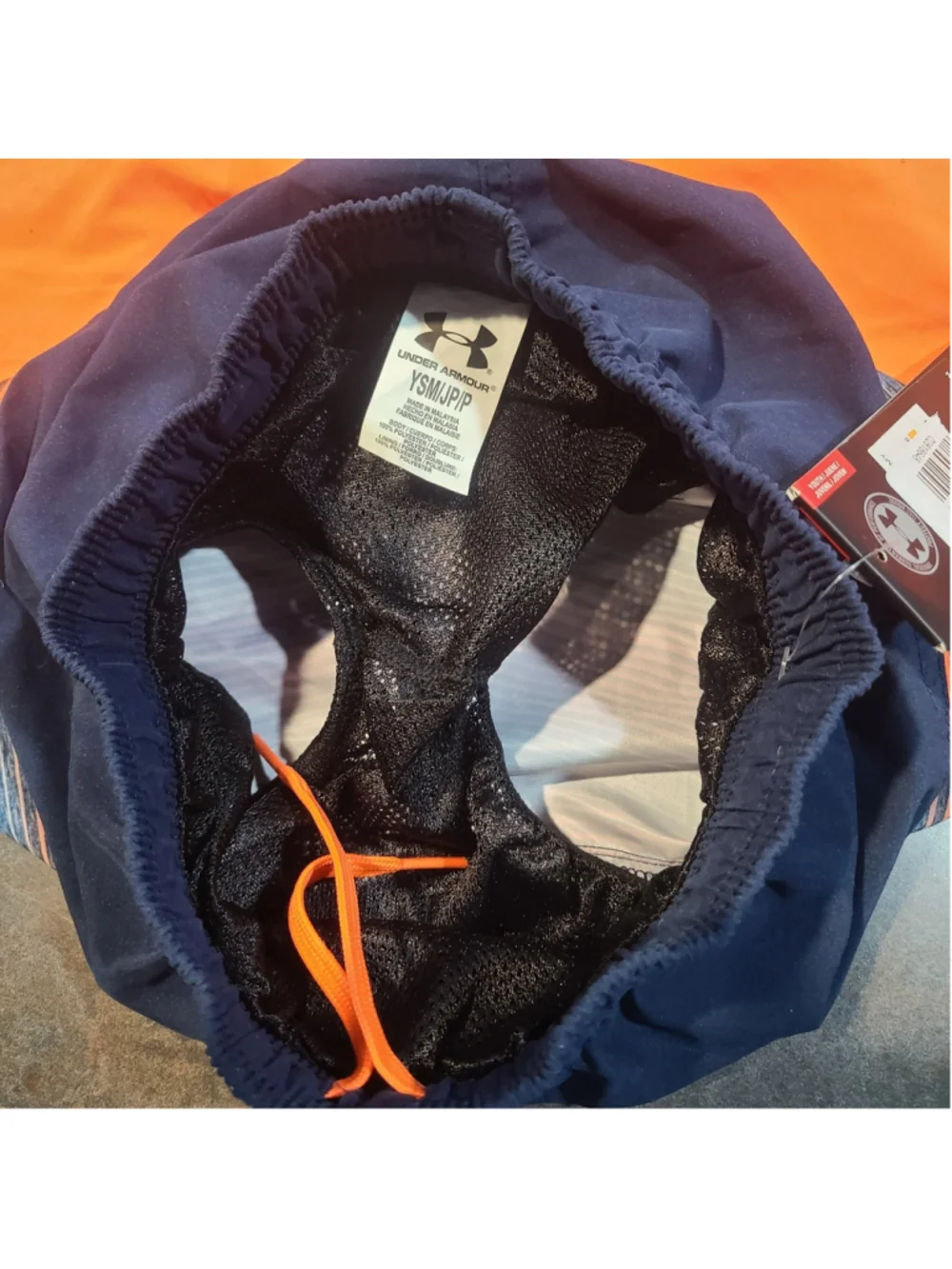 NEW Boys UNDER ARMOUR Orange Navy Blue Stripe Swim Shorts Trunks Sz Youth Sm 8